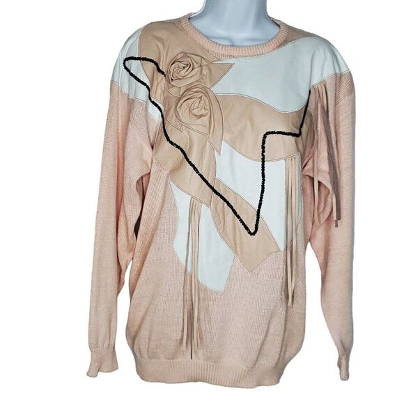 Vintage 80s Knit Leather Sweater M Rosettes Tassels Sequins Abstract Floral Pink - Picture 1 of 5